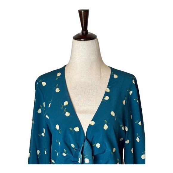 Intermix Dress Women 6 Teal Blue Adrienne Floral Silk Ruched Ruffle Mini Sheath - Picture 4 of 12